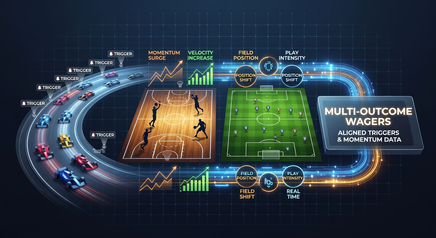 Momentum indicators displayed across racetrack, tennis court and football field interfaces for wager alignment