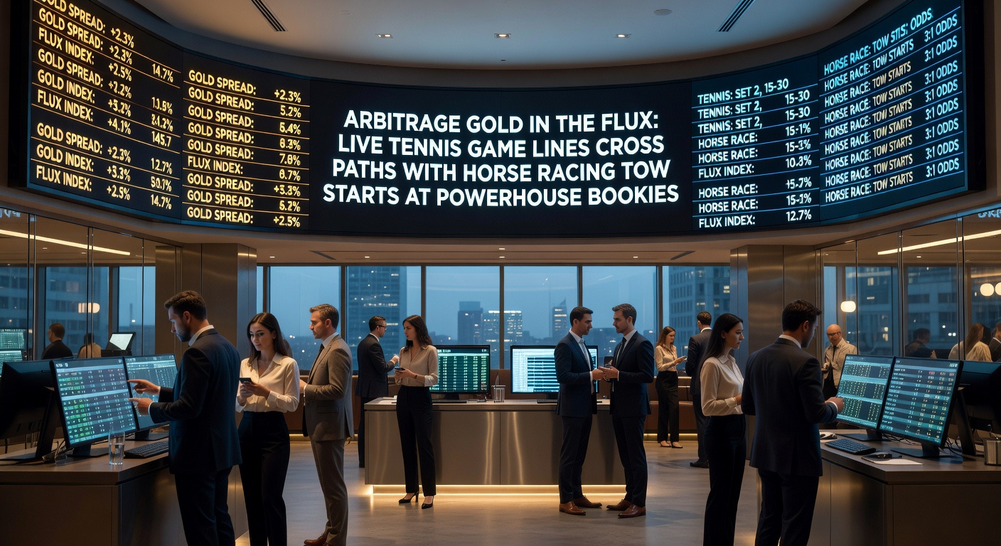 Dynamic live tennis court action overlaid with horse racing starting gates, highlighting arbitrage opportunities at major bookmakers