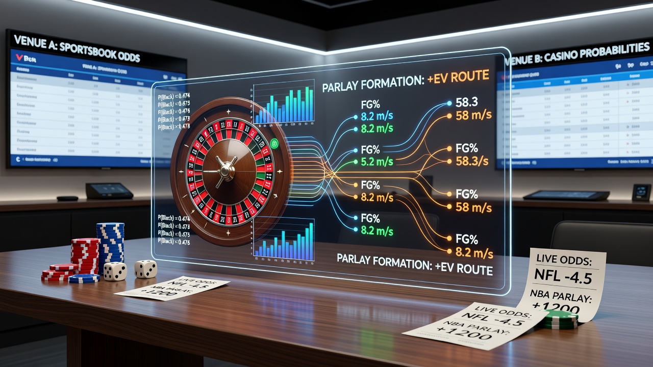 Strategic parlay formations combining table game probabilities and athletic event lines at multiple betting venues