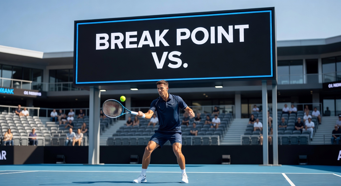 Close-up of a tennis server acing to escape a break point, crowd blurred in background
