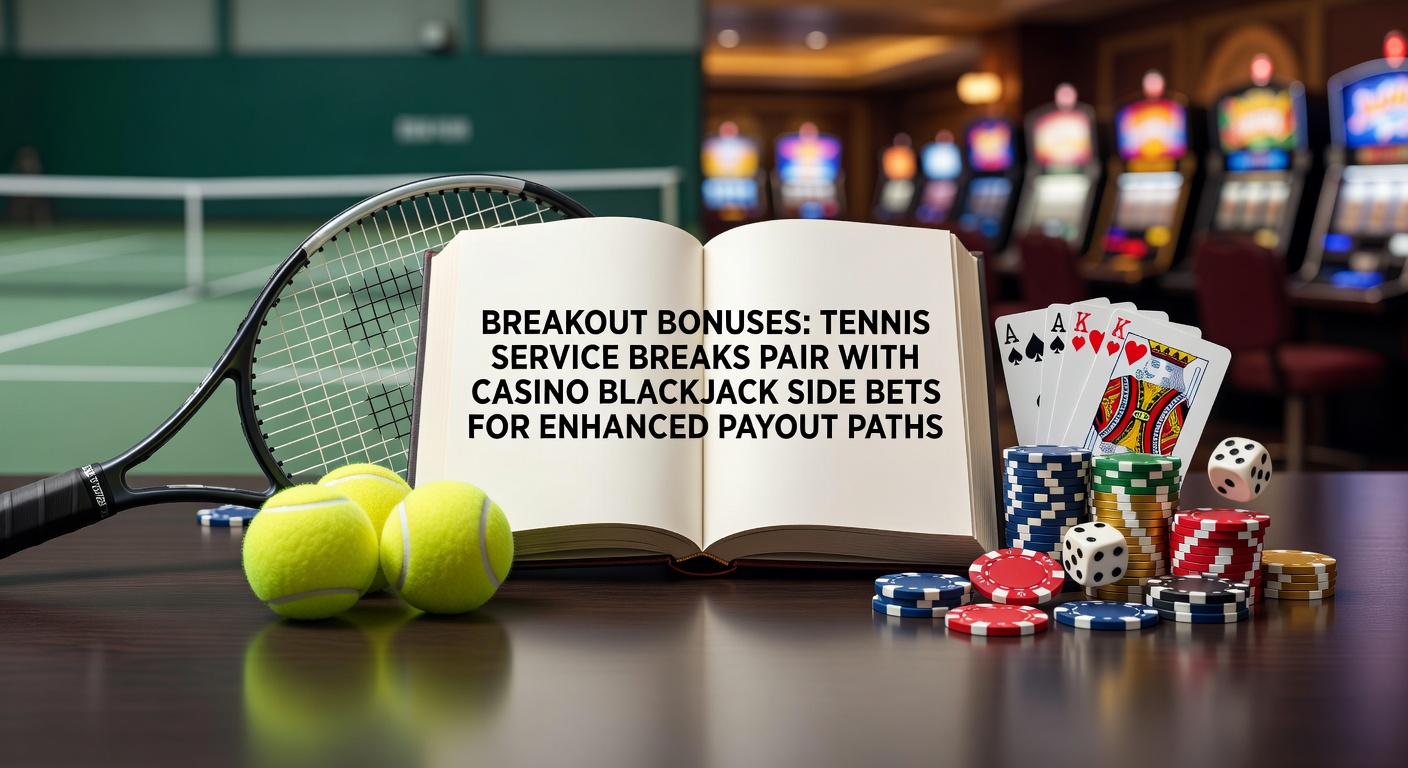 Tennis player executing a service break during a high-stakes match, overlaid with blackjack cards showing a winning side bet