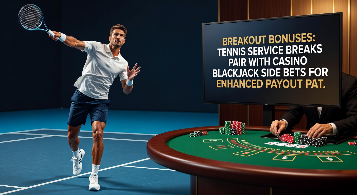 Split-screen graphic of a tennis service break celebration and a blackjack table with glowing side bet wins, illustrating bonus payout synergy