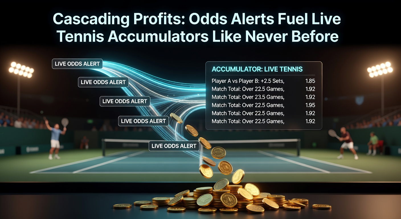 Dynamic live tennis match with odds fluctuating on a betting interface, highlighting accumulator chains building profits