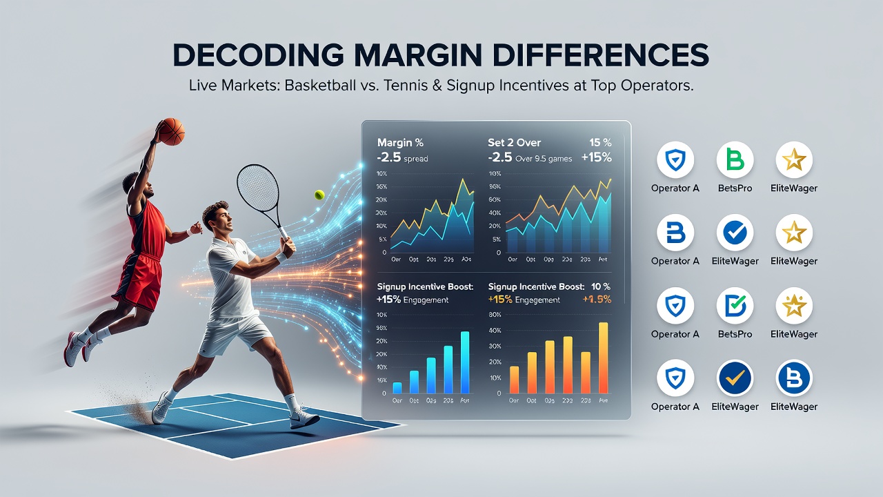 Live betting dashboard displaying real-time basketball and tennis odds with margin indicators at major operators