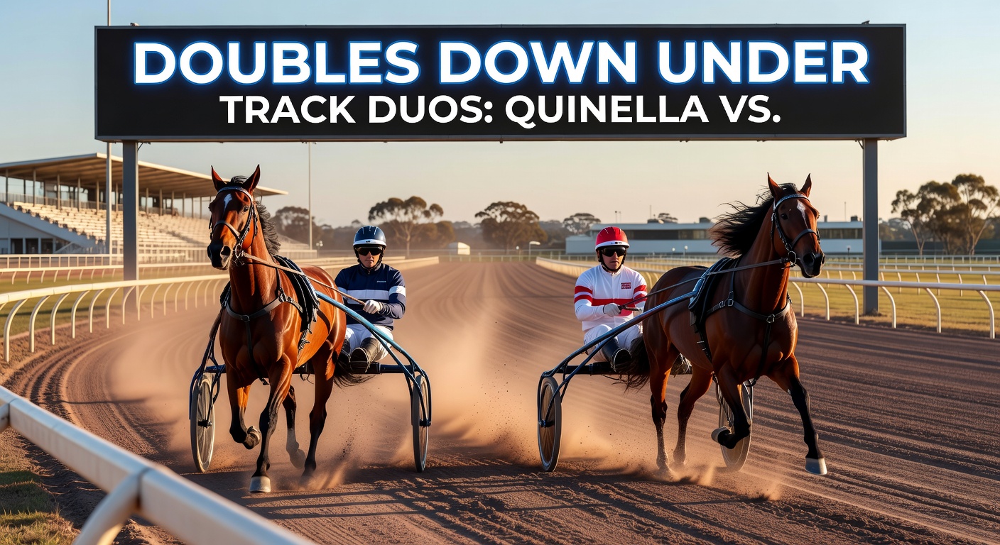 Thrilling horse race finish line action at a sun-drenched Australian track, with jockeys urging their mounts in a tight quinella battle