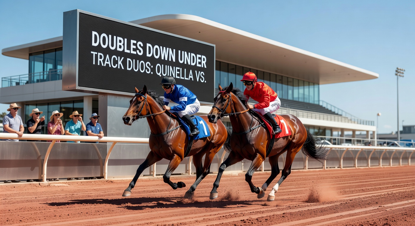 Close-up of a vibrant betting tote board displaying live quinella odds and double payouts during a packed Australian race day