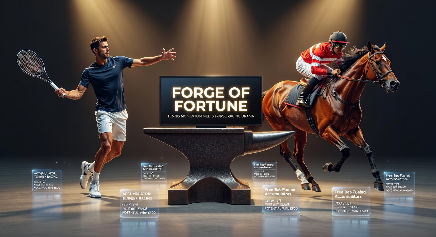 Dramatic horse race finish with close pack of horses crossing the line, contrasted by a tennis scoreboard showing a tight tiebreak