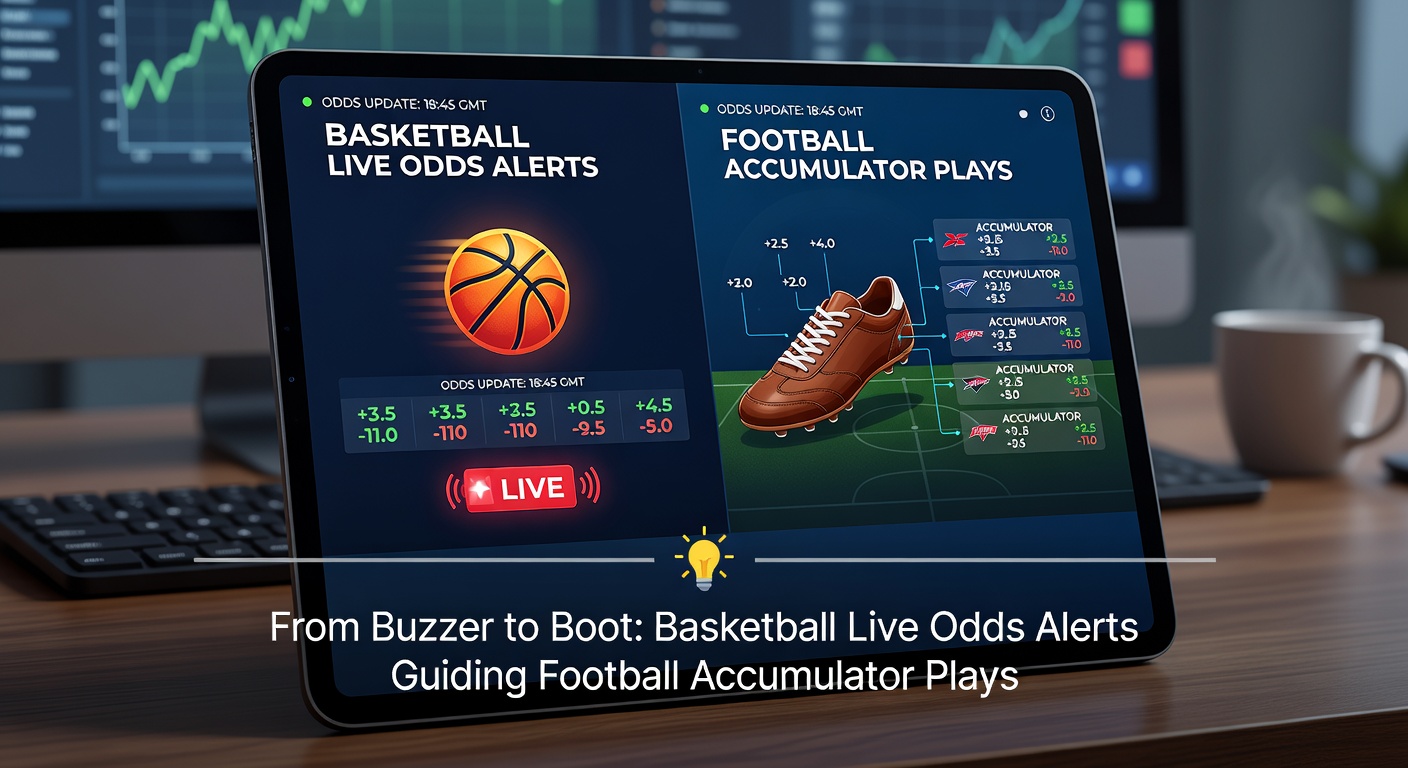 Split-screen visualization of basketball odds alert notification overlaying a football accumulator slip, illustrating seamless strategy integration