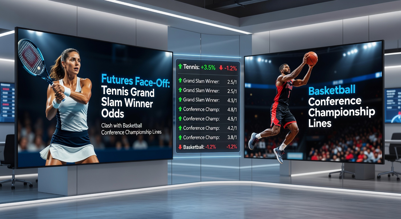 Collage of tennis players on clay courts facing off against NBA basketball action during conference playoffs, highlighting futures odds boards