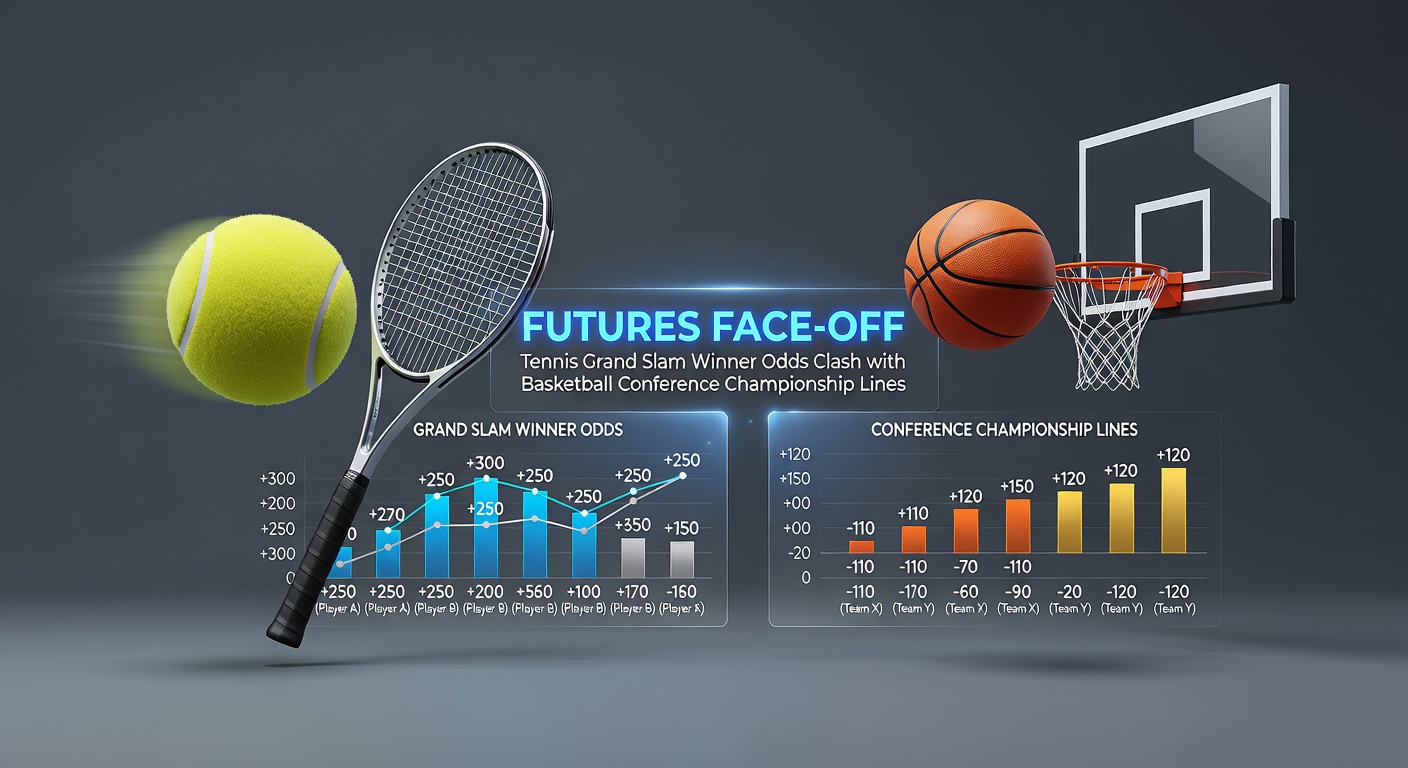 Dynamic split-screen of NBA conference finals intensity clashing with Roland Garros trophy lift, overlaid with fluctuating odds charts