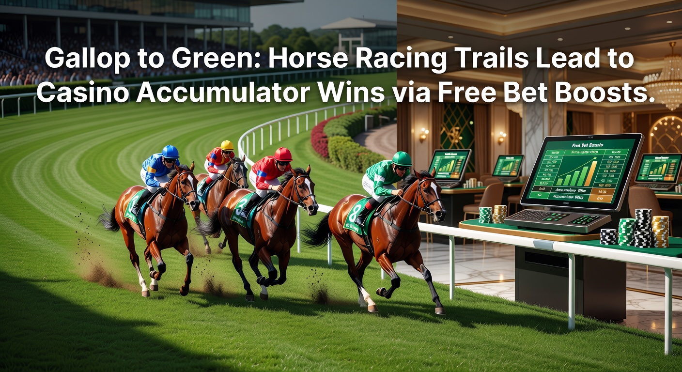 Horse racing track transitioning to casino gaming tables with accumulator bet slips in foreground