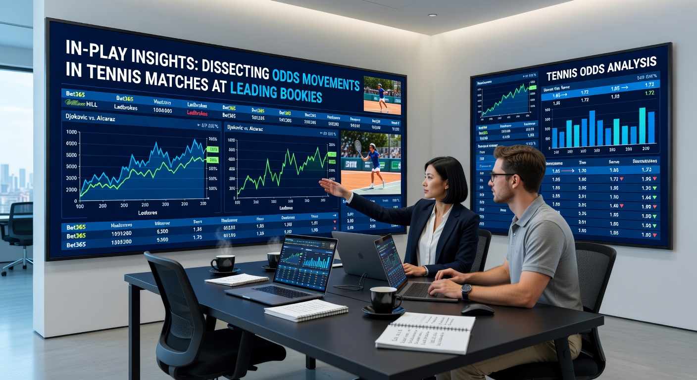 Close-up of a bookmaker's live betting interface displaying tennis odds shifting mid-match, with multiple bookie comparisons side by side