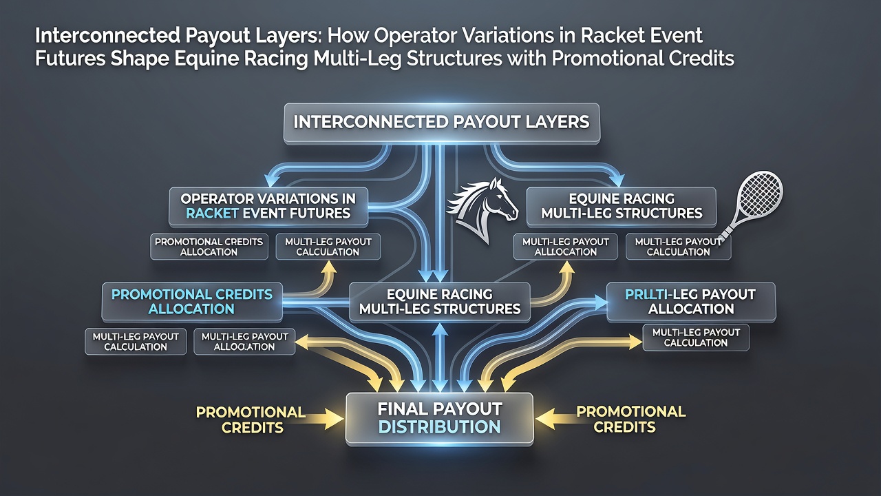 Diagram illustrating payout interconnections between tennis futures and horse racing multi-leg bets across operators