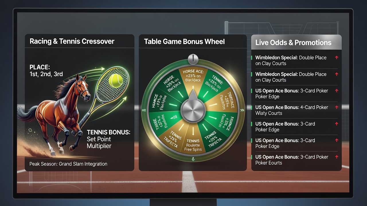Digital bookmaker interface displaying equine racing place terms alongside table game bonus promotions during a major tennis event