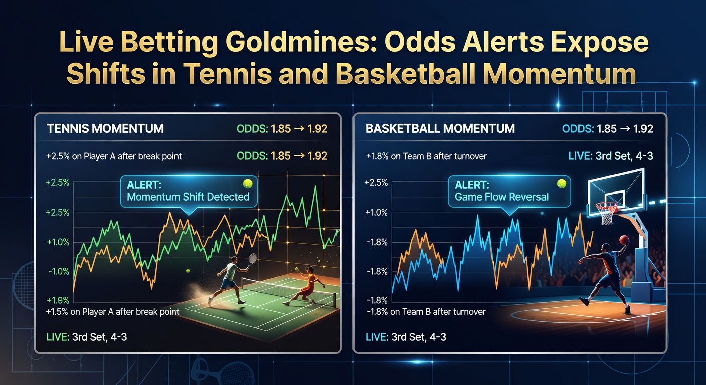 Dynamic live betting interface showing real-time odds shifts during a tennis match, highlighting momentum changes with flashing alerts