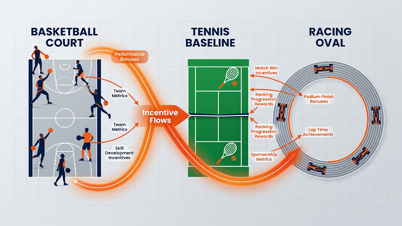 Flow chart illustrating reward distribution channels between basketball arenas, tennis courts and racing tracks