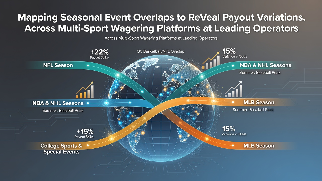 Infographic showing seasonal sports calendar overlaps including tennis, football, horse racing and basketball events mapped against major wagering platforms