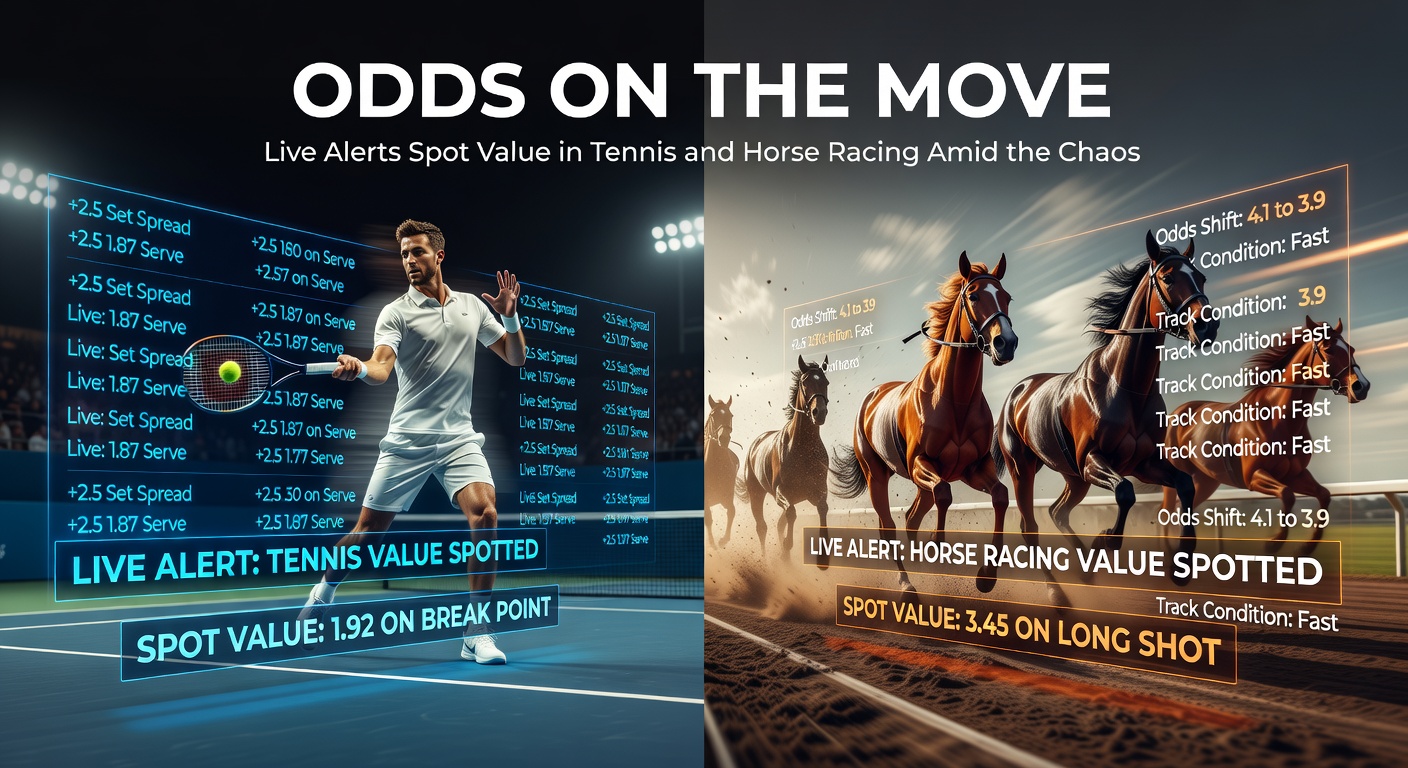 Dynamic graph illustrating rapid odds fluctuations during a live tennis match and horse race, highlighting alert triggers for value bets