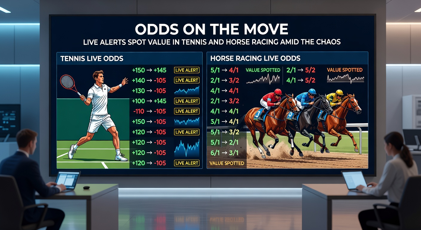 Screenshot of a live alert notification on a smartphone during a horse race, showing odds shift from 5/1 to 3/1 on a surging runner
