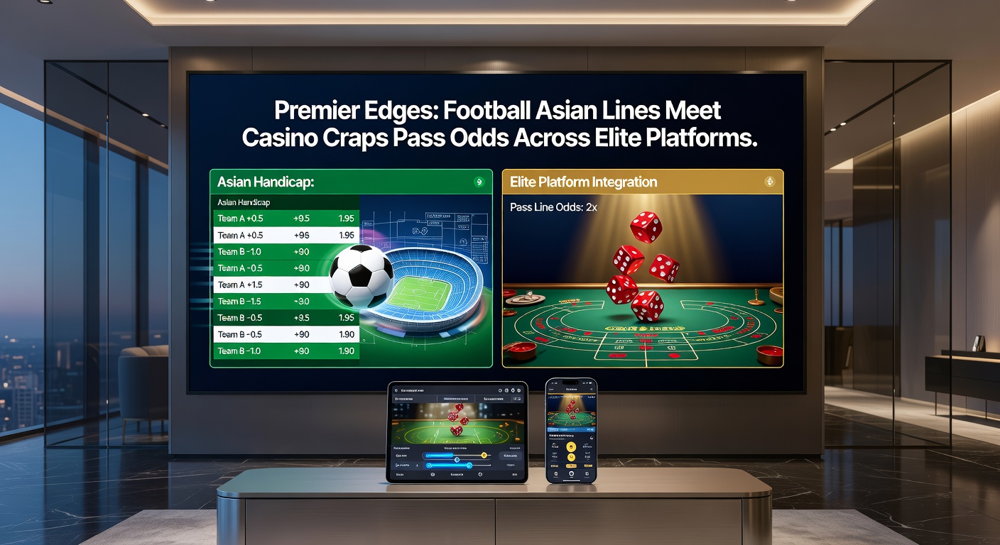 Close-up of a craps table showing pass line and odds bets active during a live session, with a split-screen view of Asian football lines updating in real-time