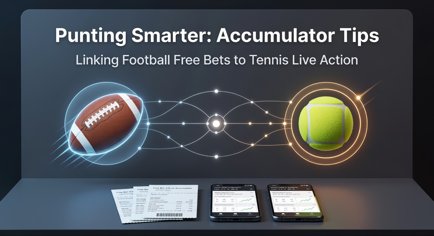 A dynamic split-screen graphic showing a football pitch in action alongside a tennis court during a live match, with overlaid accumulator bet slips highlighting linked free bet opportunities