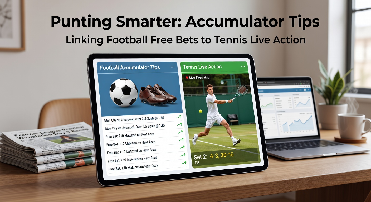 Close-up of a bettor's screen displaying an active accumulator slip with football free bet leg confirmed and live tennis odds updating in real-time, graphs showing odds movement