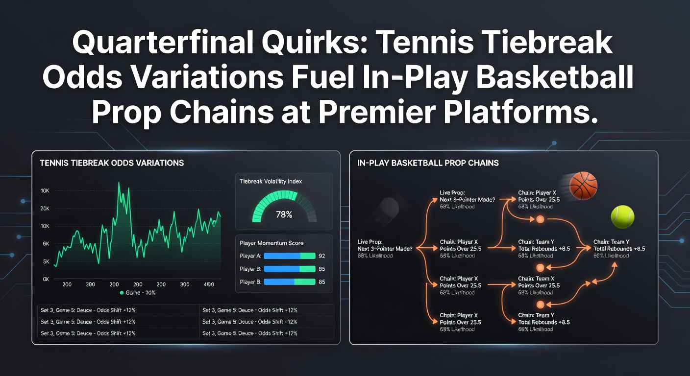 Tennis player locked in a tense quarterfinal tiebreak, racket poised as odds fluctuate on screens behind