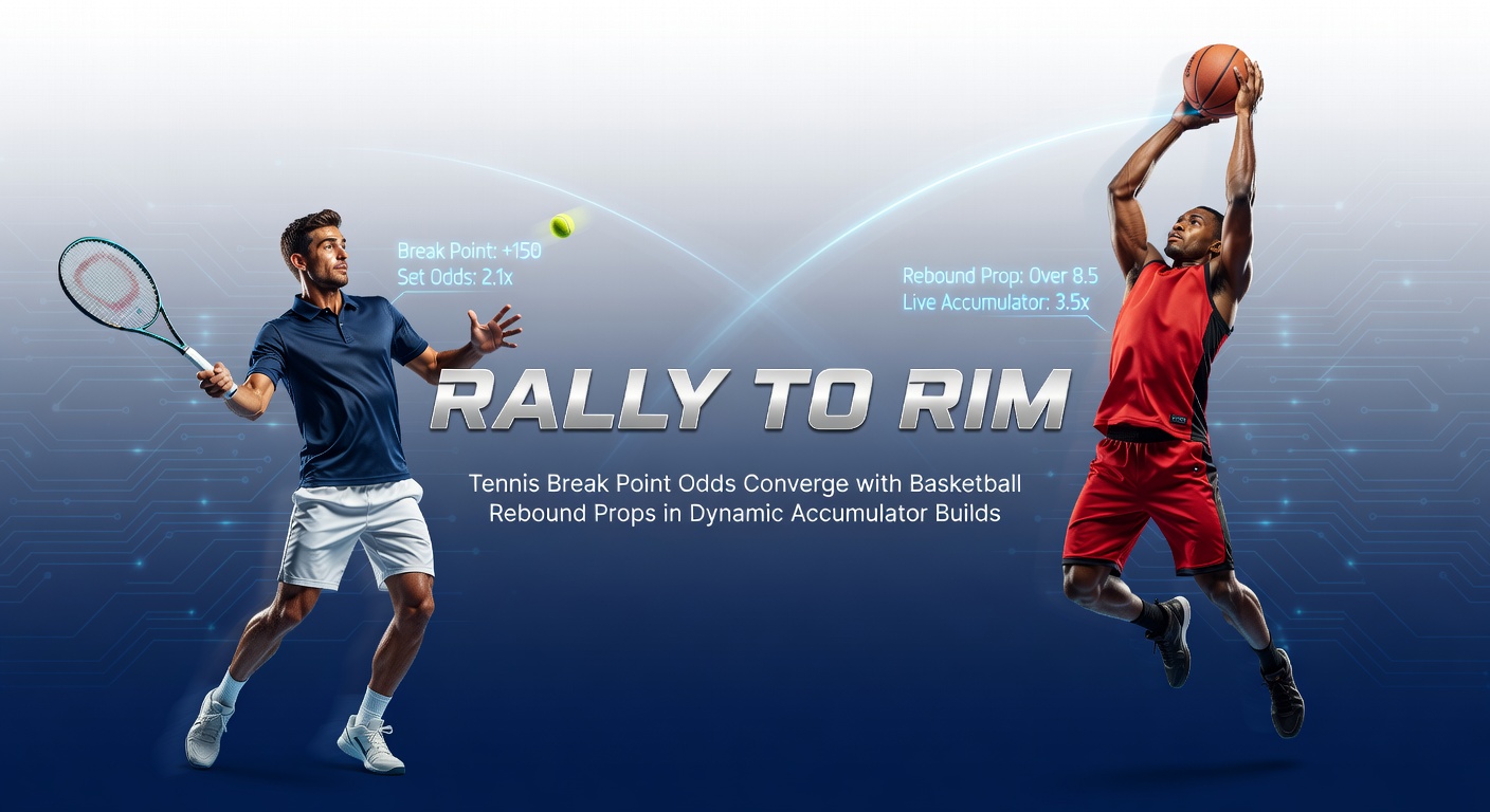 Dynamic tennis rally transitioning to a high-stakes basketball rebound under the lights, illustrating the fusion of break point tension and prop bet action in accumulator strategies
