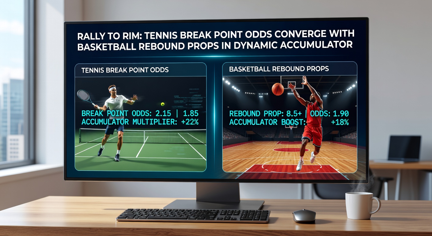 Close-up of a tennis break point serve and a basketball player boxing out for a crucial rebound, symbolizing the strategic overlap in accumulator wagering