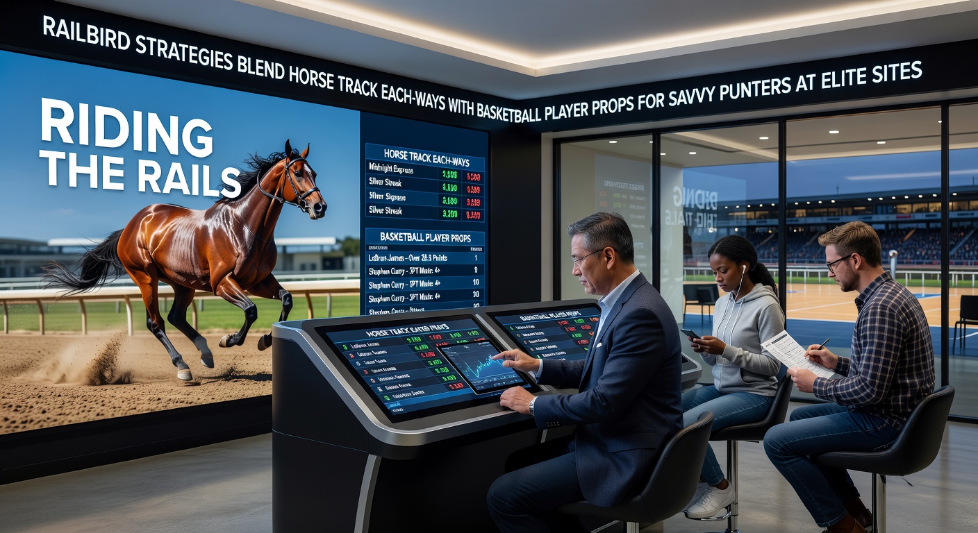 Vibrant scene of a horse race track buzzing with railbirds spotting opportunities while a basketball court looms in the background, symbolizing blended betting strategies