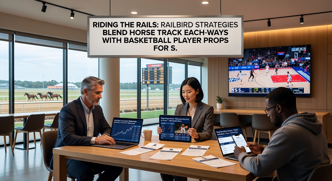 Dynamic split image showing a railbird leaning over the track fence eyeing horses, juxtaposed with a basketball player sinking a prop-worthy three-pointer, illustrating strategic fusion
