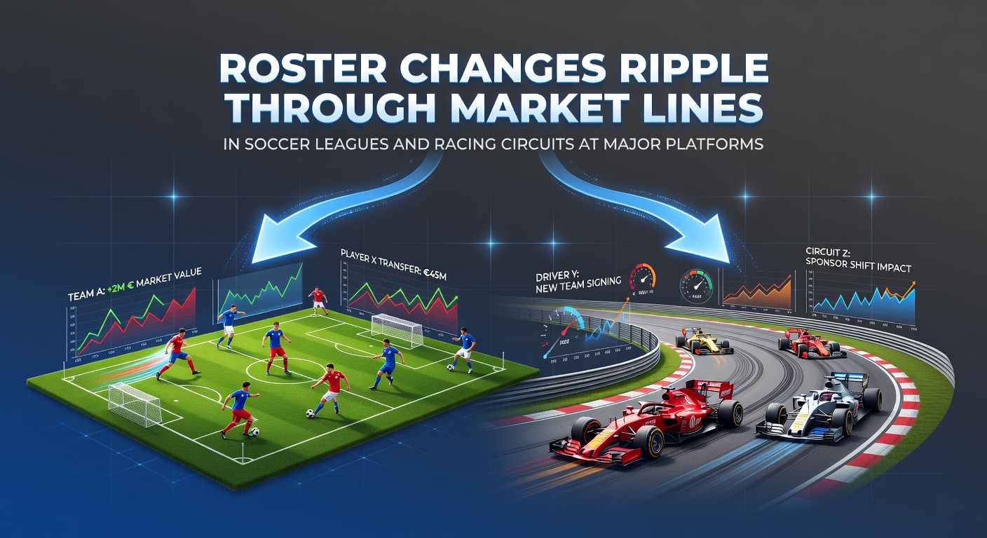 Soccer players and racing drivers shown alongside betting market displays at major platforms during roster adjustment periods