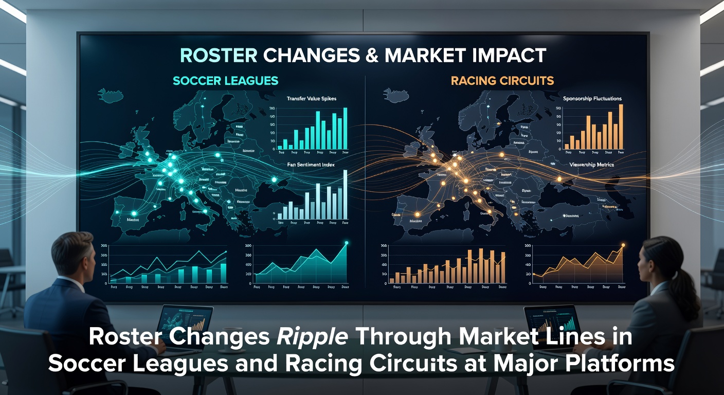 Racing circuit paddock scene with driver roster updates reflected in real-time market displays