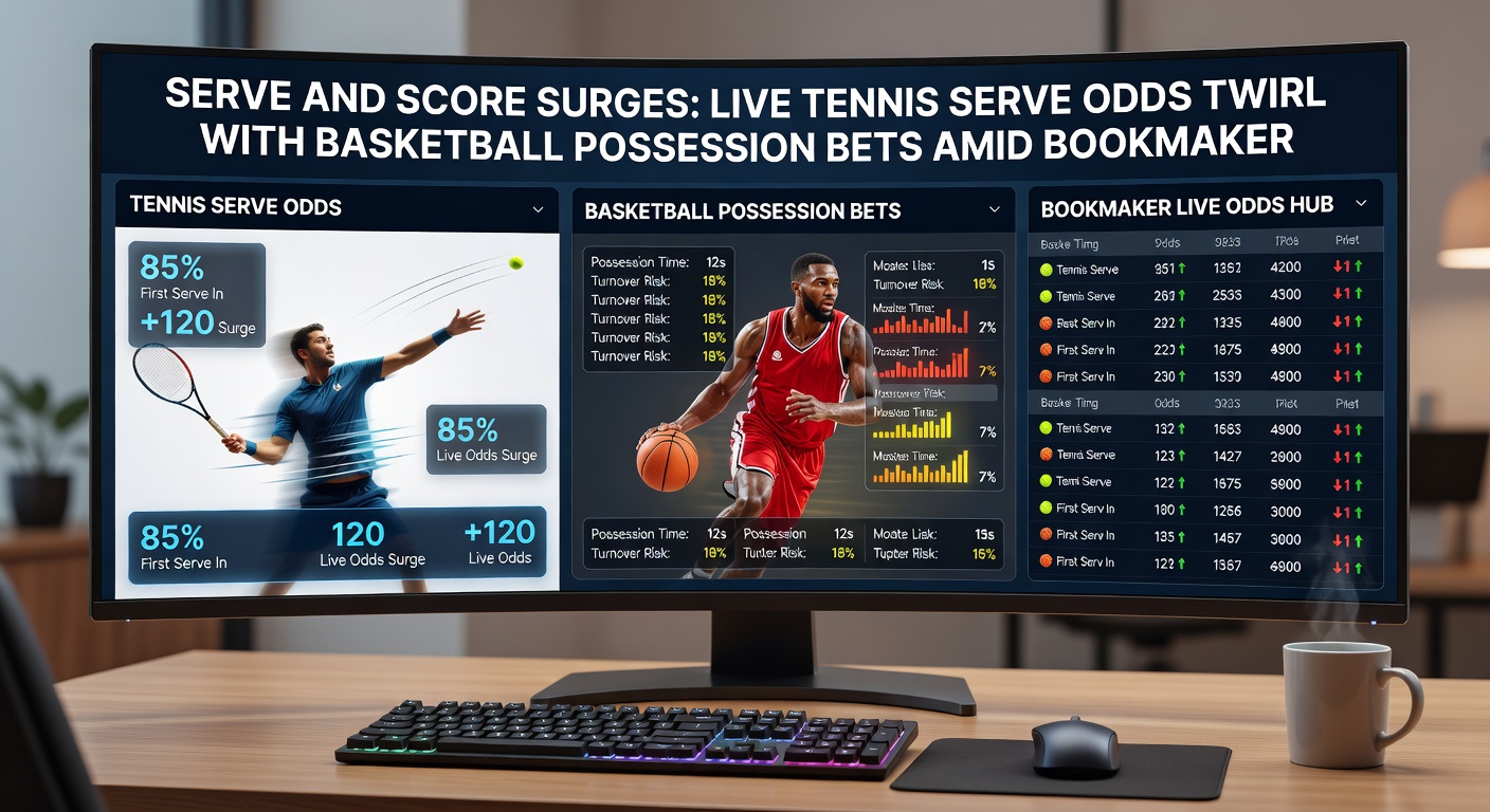 Split-screen visualization of tennis serve hold odds syncing with basketball possession line movements on a bookmaker dashboard