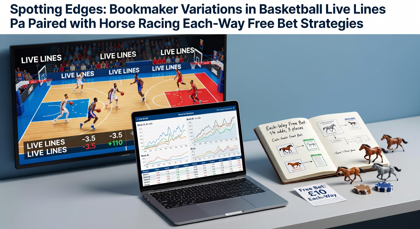 Dynamic basketball court action overlaid with fluctuating live odds lines from multiple bookmakers, highlighting variations in real-time betting edges