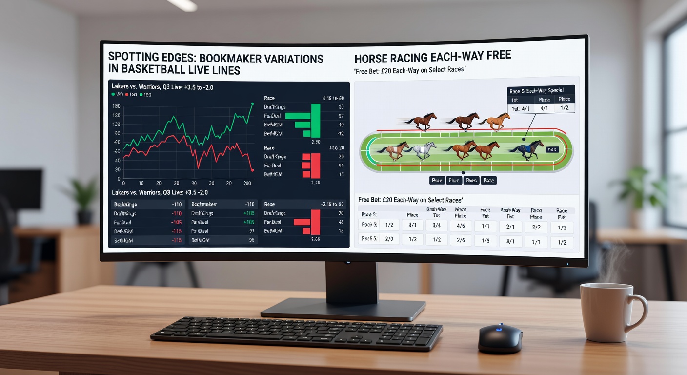 Horse racing track with overlaid each-way bet slips and free bet promotions from bookmakers, illustrating strategies for pairing with basketball edges