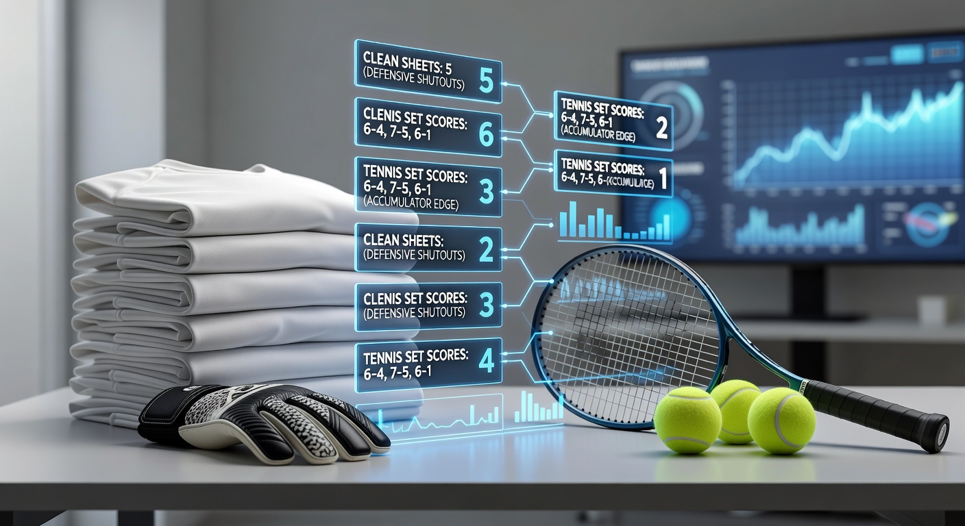 Split-screen graphic of a football pitch with zero goals conceded merging into a tennis scoreboard showing a 2-0 set win, highlighting strategic betting overlaps