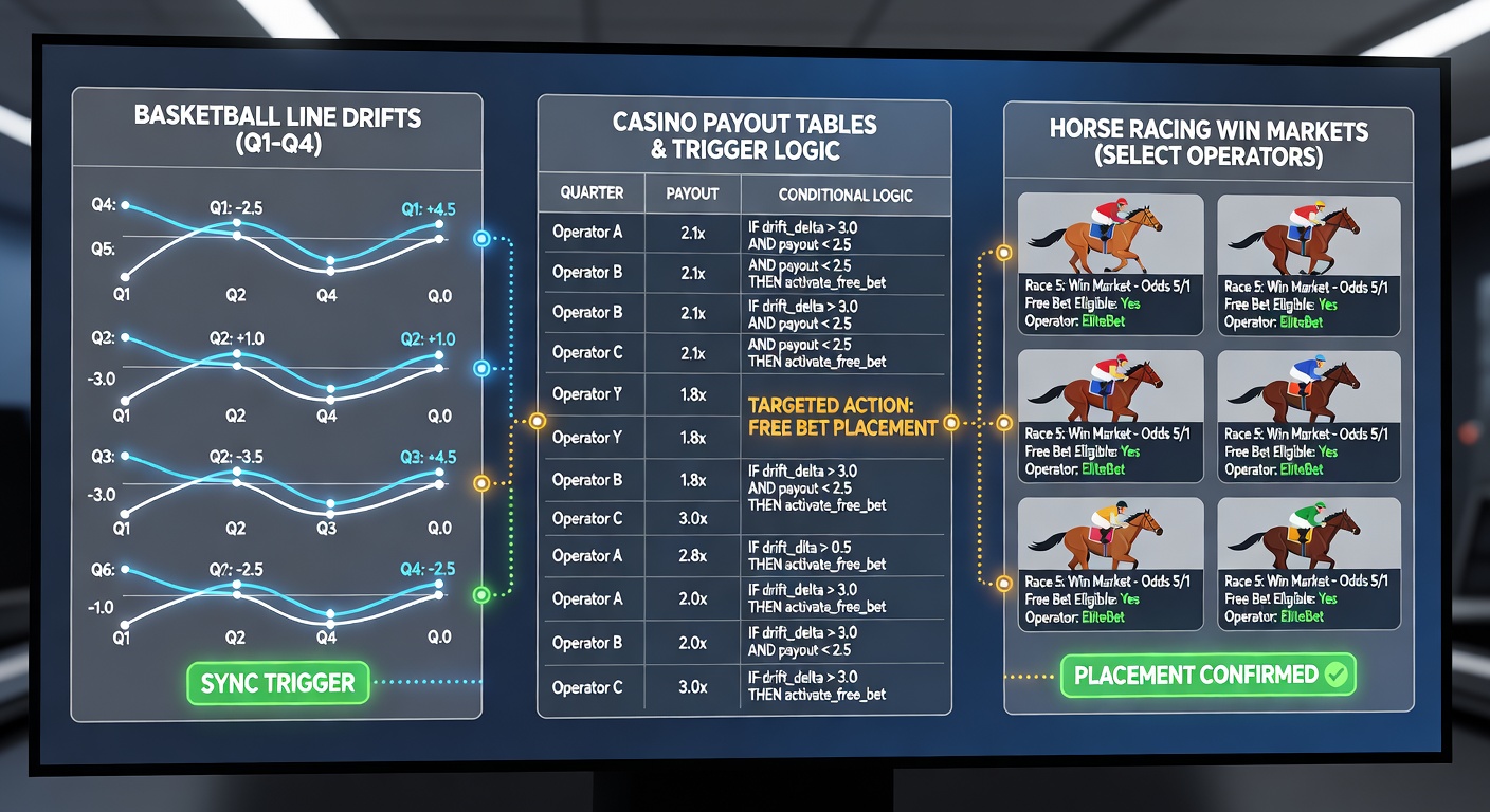 Illustration of basketball quarter line movements aligned with casino payout tables and horse racing betting interfaces at major operators