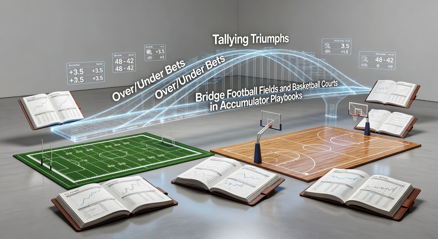 Football match with overlay graphics showing over/under bet lines on total goals, while a basketball game scoreboard highlights points totals in the background