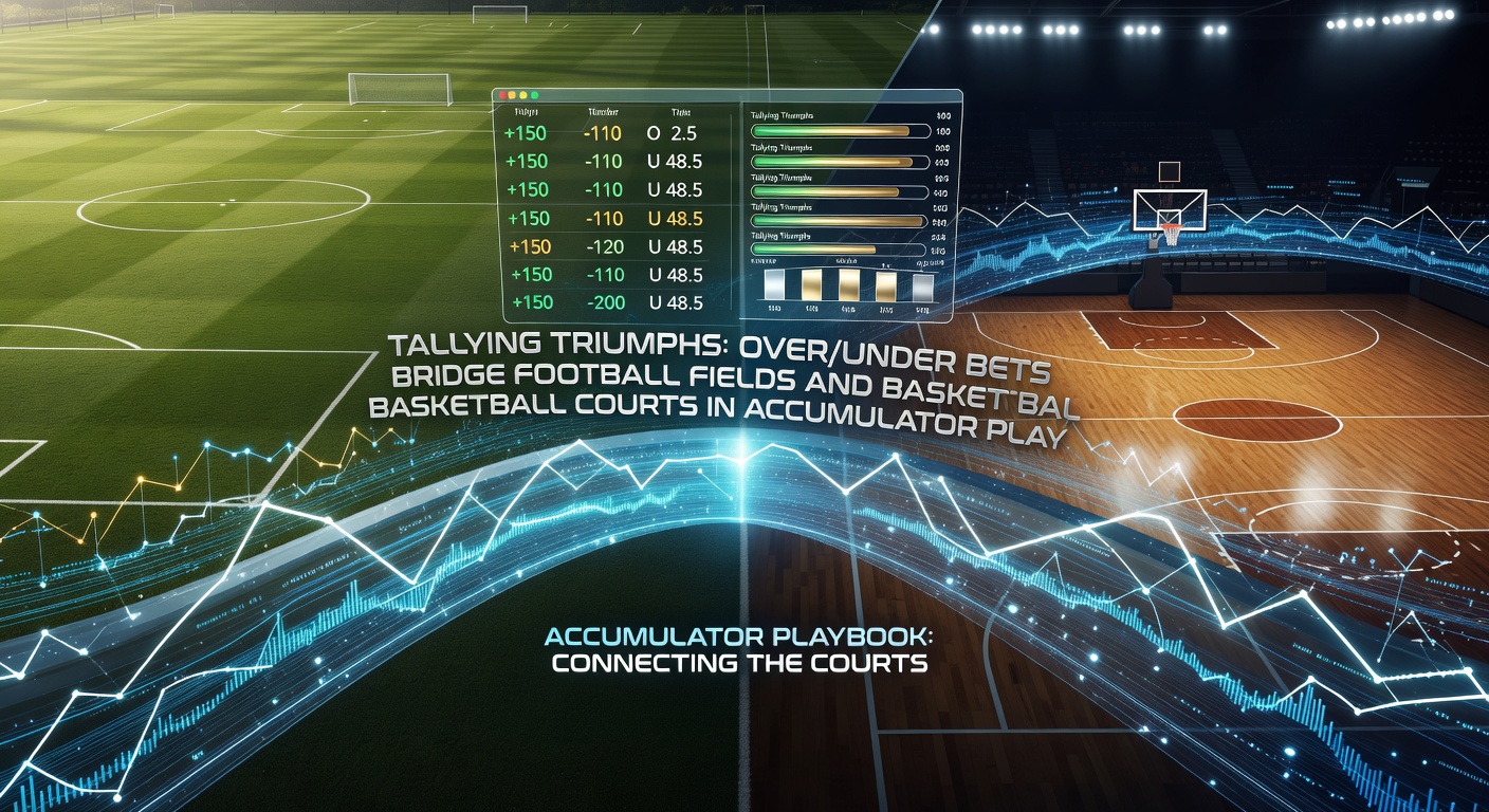 Basketball players driving to the hoop amid a tense over/under points line graphic, contrasted with a football stadium scoreboard tallying goals for an accumulator bet scenario