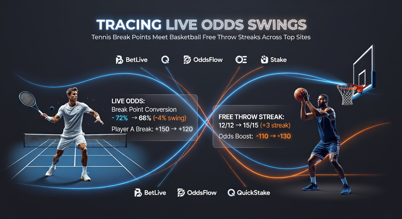 Graph showing live odds fluctuations during a tennis break point and basketball free throw sequence across multiple betting platforms