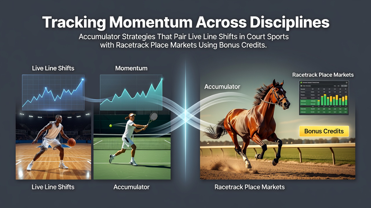 Visual representation of accumulator strategies linking tennis live odds shifts with horse racing place markets and bonus credit usage