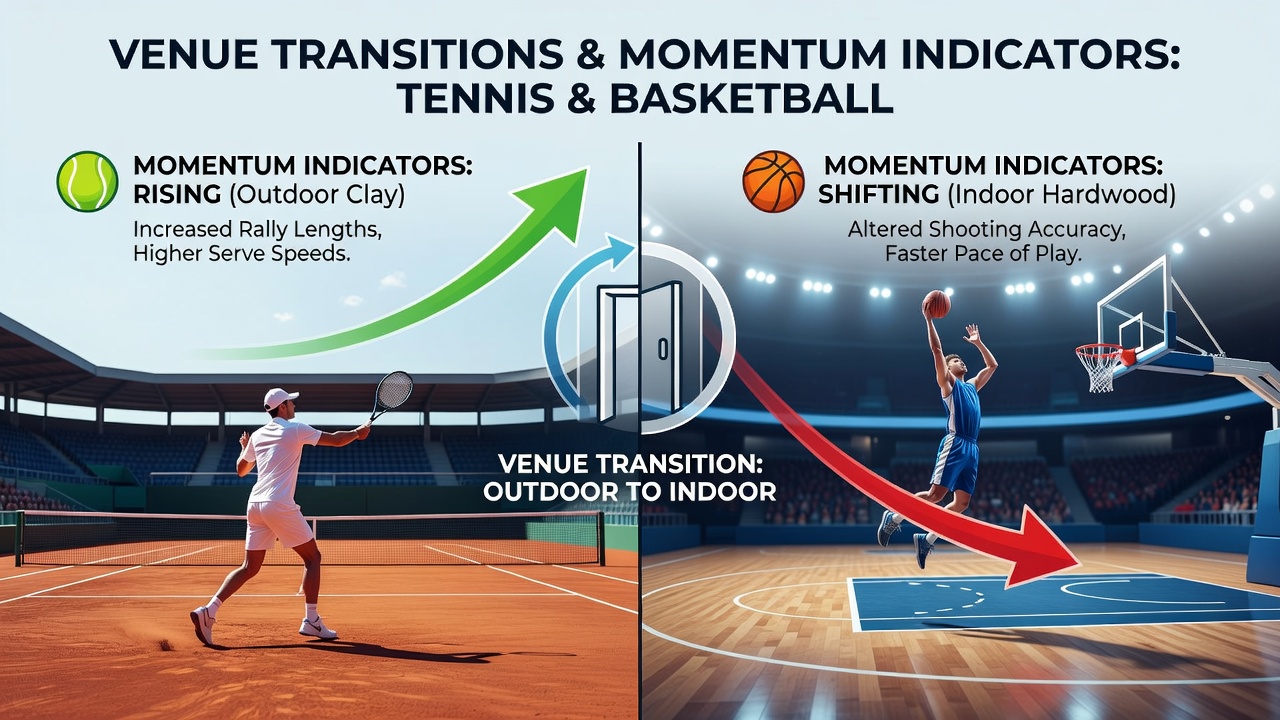 Basketball arena transition during playoffs highlighting venue effects on team momentum indicators
